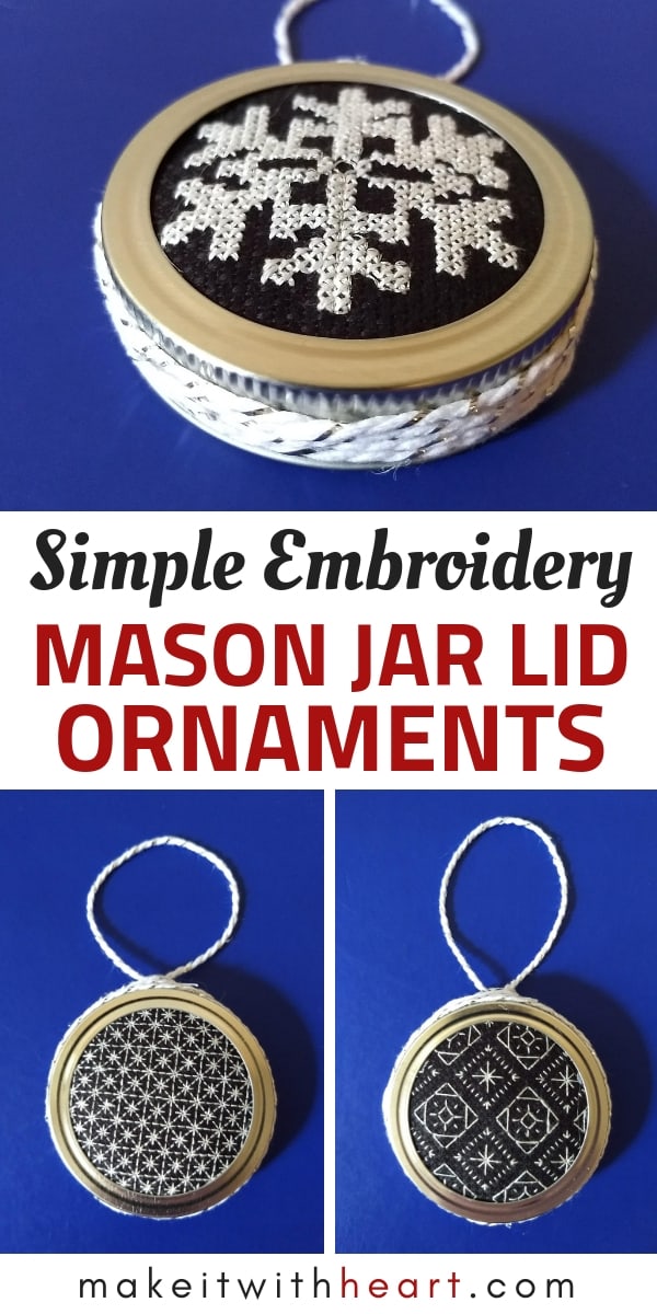 Mason Jar Lid Ornaments with Simple Embroidery 